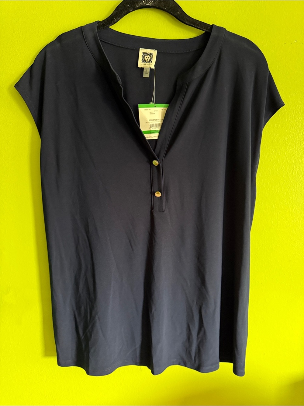 NWT Anne Klein Navy Blue Princess Sleeve Stretch V Neck Top Shirt Blouse Size L